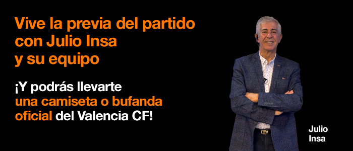 ¡Vive en directo la previa de los partidos del Valencia CF con nosotros! Ven el 11 de septiembre a las 18h a la  tienda Orange de Valencia C/Colón 58 y vive la retransmisión en directo del programa Radio Esport de Julio Insa donde se hará la previa del partido Atlético Madrid - Valencia CF del día 15 de septiembre.   Además, haz tu pronóstico para el partido y si aciertas el resultado ¡podrás ganar una camiseta oficial o una bufanda oficial del Valencia CF!