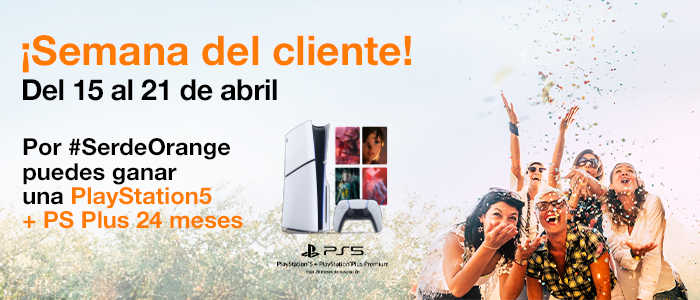 ¡Ha llegado la Semana del Cliente a Madrid!Ven a tu Tienda Orange del 15 al 21 de abril y solo por tu visita ¡llévate una botella de regalo! Puedes conseguir hasta 30€ de descuento en tu factura.Además, por #SerdeOrange puedes ganar una PlayStation 5 + PS Plus 24 meses. Participa y descubre si es tuya.